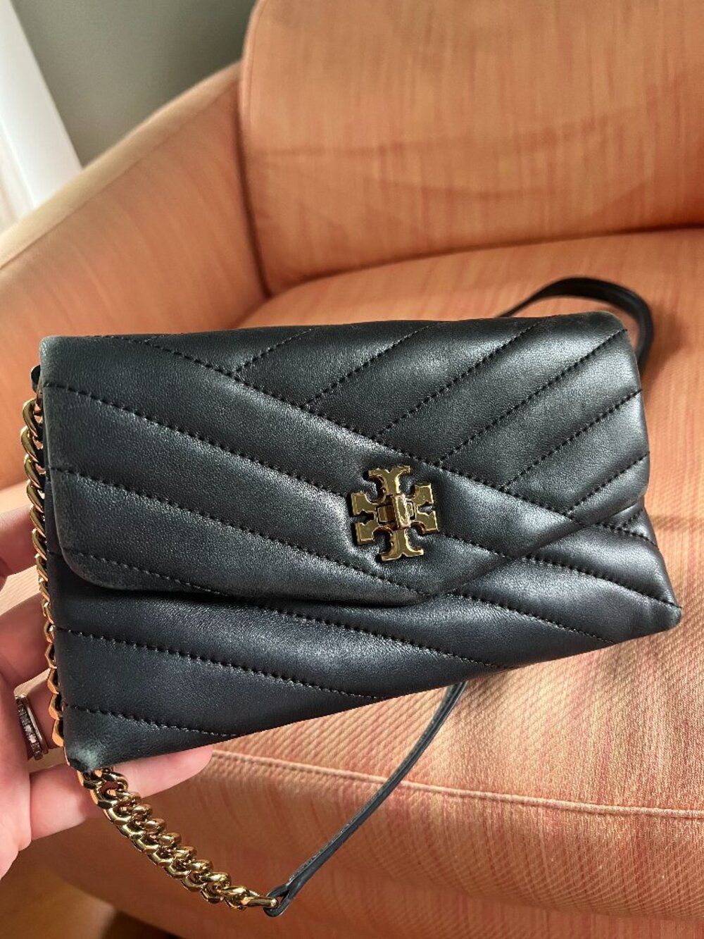 Tory Burch Black Leather Quilted Stitch Cross Body Bag and card holder